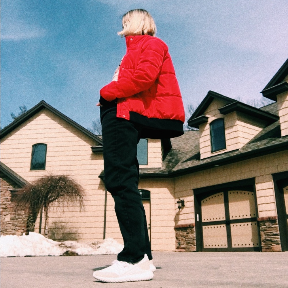 Red puffer coat
